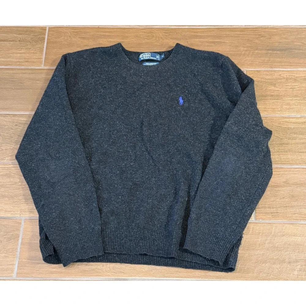 Polo Ralph Lauren Mens XL Lambswool Crewneck Sweater Charcoal Gray Purple Pony